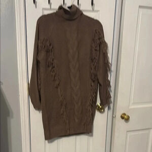 Brown Turtleneck Sweater dress with Fringe Details